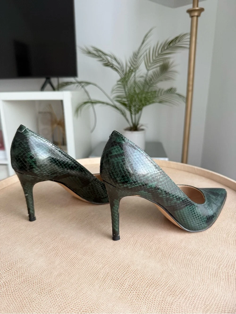 Marc Fisher Dark Green Snake-Print Pointed Pumps